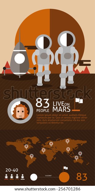 Astronaut spaceman planet Mars\
surface space. flat design info graphic. vector illustration\

