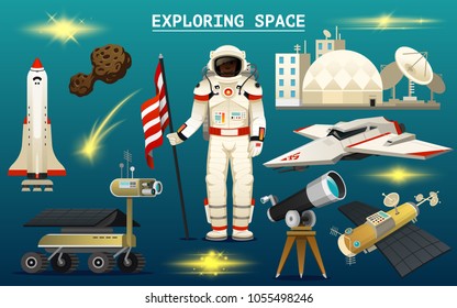 astronaut spaceman. planets in solar system. astronomical galaxy. cosmonaut explore adventure. engraved hand drawn in old sketch, vintage style. space shuttle, telescope, robot and mars, lunar rover.
