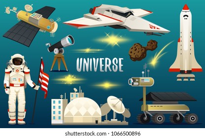 astronaut spaceman. planets in solar system. astronomical galaxy. cosmonaut explore adventure. engraved hand drawn in old sketch, vintage style. space shuttle, telescope, robot and mars, lunar rover.