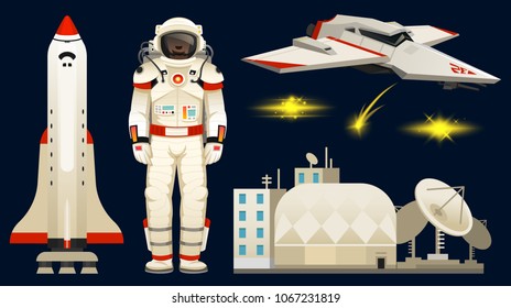 astronaut spaceman. planets in solar system. astronomical galaxy. cosmonaut explore adventure. space shuttle, telescope, robot and mars, lunar rover.