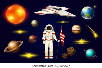 Astronaut spaceman. planets in solar system. Astronomical galaxy. cosmonaut explore adventure. Space shuttle, Mars and sun, earth and venus. banner or background for a web site.
