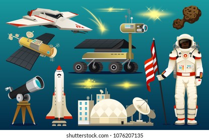 astronaut spaceman. planets in solar system. astronomical galaxy. cosmonaut explore adventure. space shuttle, telescope, robot and mars, lunar rover.