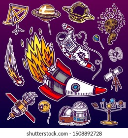 Astronaut spaceman. planets in solar system. Astronomical galaxy. Cosmonaut explore adventure. Engraved hand drawn in old sketch, vintage style. Space shuttle, radio telescope and comet and meteorite.