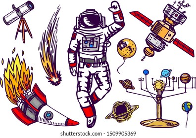Astronaut spaceman. planets in solar system. Astronomical galaxy. Cosmonaut explore adventure. Engraved hand drawn in old sketch, vintage style. Space shuttle, radio telescope and comet and meteorite.