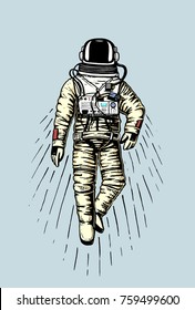 astronaut spaceman. planets in solar system. astronomical galaxy space. cosmonaut explore adventure. engraved hand drawn in old sketch, vintage style for label or T-shirt.