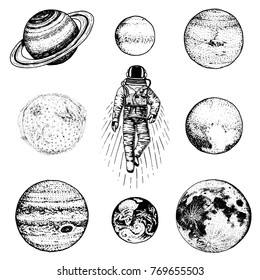 astronaut spaceman. planets in solar system. astronomical galaxy space. cosmonaut explore adventure. engraved hand drawn in old sketch. moon and the sun and earth, mars and venus, jupiter or saturn.