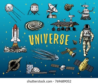 astronaut spaceman. planets in solar system. astronomical galaxy. cosmonaut explore adventure. engraved hand drawn in old sketch, vintage style. space shuttle, telescope, robot and mars, lunar rover.