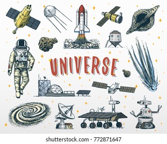 astronaut spaceman. planets in solar system. astronomical galaxy. cosmonaut explore adventure. engraved hand drawn in old sketch, vintage style. space shuttle, telescope, robot and mars, lunar rover.