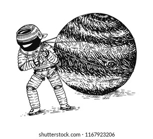 Astronaut or Spaceman pulls the planet Jupiter. astronomical galaxy space. cosmonaut explore adventure. engraved hand drawn in old sketch. planet in solar system.