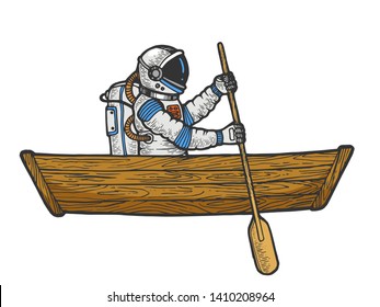 Astronaut spaceman rowing in wooden boat color sketch engraving vector illustration. Scratch board style imitation. Black and white hand drawn image.