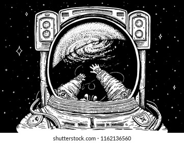Astronaut spaceman soaring. astronomical galaxy space. Funny cosmonaut explore adventure and is reflected in the spacesuit. engraved hand drawn sketch. planets in solar system. background for website.