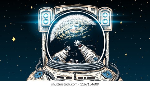 Astronaut spaceman soaring. astronomical galaxy space. Funny cosmonaut explore adventure and is reflected in the spacesuit. engraved hand drawn sketch. planets in solar system. background for website.