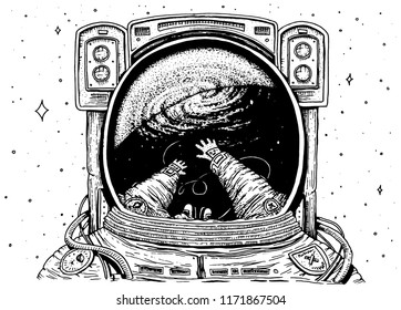 Astronaut spaceman soaring. astronomical galaxy space. Funny cosmonaut explore adventure and is reflected in the spacesuit. engraved hand drawn sketch. planets in solar system. background for website.