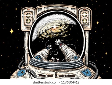 Astronaut spaceman soaring. astronomical galaxy space. Funny cosmonaut explore adventure and is reflected in the spacesuit. engraved hand drawn sketch. planets in solar system. background for website.