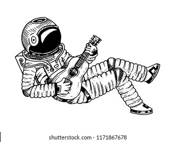 Astronaut or Spaceman soaring with guitar. Adventure in the astronomical galaxy space. cosmonaut explores the planets in solar system. engraved hand drawn sketch