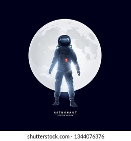 An astronaut spaceman stood in front of the moon. Vector illustration.