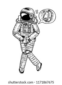 Astronaut spaceman with wc restroom symbol. astronomical galaxy space. cosmonaut explore adventure. engraved hand drawn in old sketch.