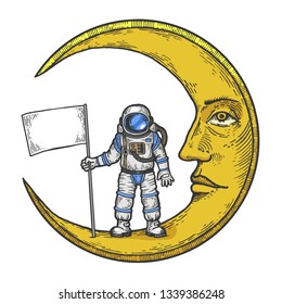 Astronaut spaceman with white flag on cartoon moon with face color sketch engraving vector illustration. Scratch board style imitation. Black and white hand drawn image.