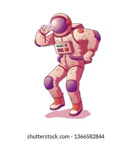 Astronaut or spacemen character wearing space suit showing gesture victory by hand isolated on white background. Cosmonaut posing and giving peace sign, cheering spaceman. Cartoon vector illustration.