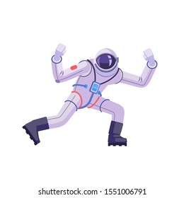 Astronaut or spacemen character wearing space suit showing gesture victory by hand. Cartoon vector illustration isolated in white background.