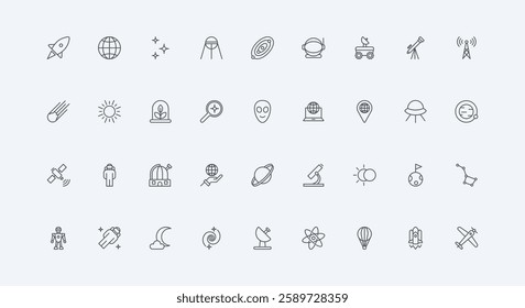 Astronaut, spaceship, asteroid and satellite in orbit thin black outline symbol vector illustration. Space exploration, science of astronomy and space travel to planets and stars line icon set