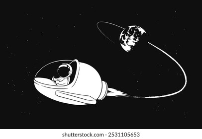 An astronaut in a spaceship flies from Earth orbit into outer space.Vector illustration