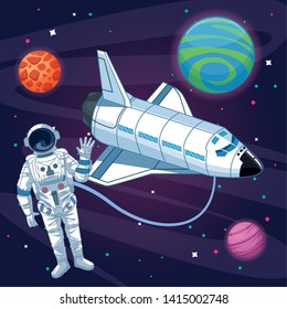 Astronaut and spaceship flying in the space vector illustration graphic design