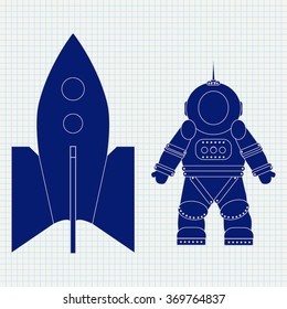 Astronaut and spaceship Icon on Notebook sheet  background. Vector illustration 