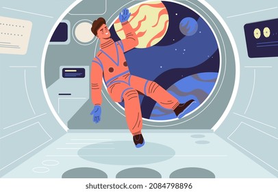 Astronaut in spaceship. Man prepares for space flights. Physical training. Travel to other galaxies, adventure, scientific research. Rocket, modern technlogy. Cartoon flat vector illustration