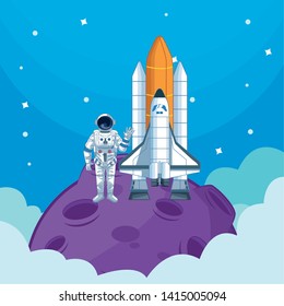 Astronaut and spaceship in the moon cartoon vector illustration graphic design