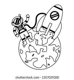 Astronaut and spaceship on mars in black and white