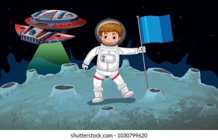 Astronaut and spaceship on the moon illustration