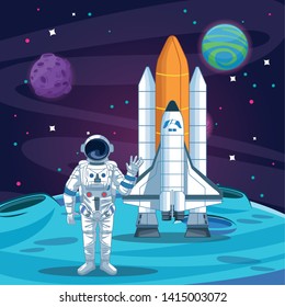Astronaut and spaceship on the moon scenery vector illustration graphic design
