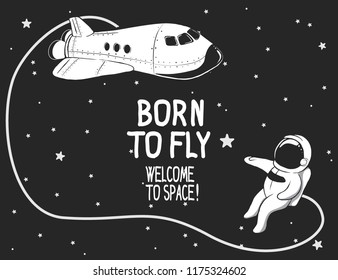 astronaut with spaceship in outer space.Vector cosmic illustration