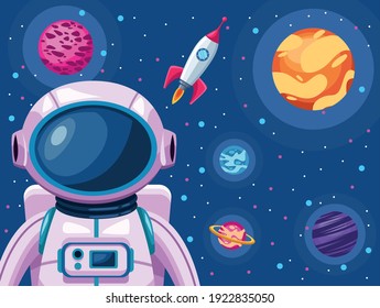 astronaut with spaceship and planets space universe scene vector illustration design