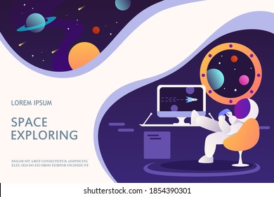 An astronaut in a spaceship is playing a computer game. Template for landing page, banner, web page, card. Vector cartoon illustration. Purple background, space, planets, universe. Explorer, workplace