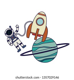 Astronaut and spaceship rocket with planet