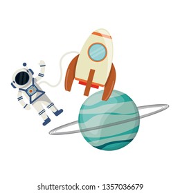 Astronaut and spaceship rocket with planet