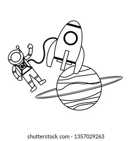 Astronaut and spaceship rocket with planet in black and white