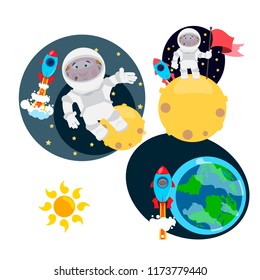 Astronaut and spaceship. Set of funny cartoon characters. A man working in uniform.