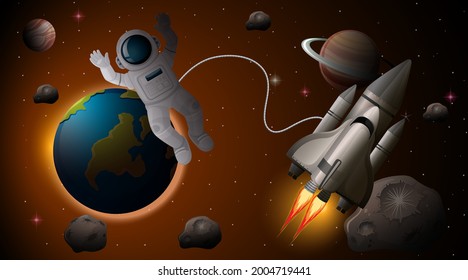 Astronaut and spaceship in space scene illustration