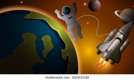 Astronaut and spaceship in space scene illustration