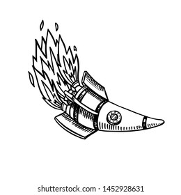 Astronaut spaceship for traveling in space. Satellite for the study of planets and galaxies. Astronomy sketch for emblem or logo in vintage style. Hand drawn illustration in retro doodle style.