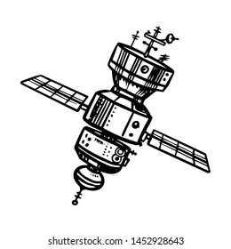 Astronaut spaceship for traveling in space. Satellite for the study of planets and galaxies. Astronomy sketch for emblem or logo in vintage style. Hand drawn illustration in retro doodle style.