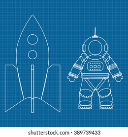 Astronaut and spaceship. Vector illustration on Blueprint Background.