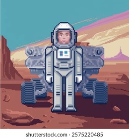 Astronaut with spaceship walking on mars, flat illustration, isolated, pixelated spaceman vector design