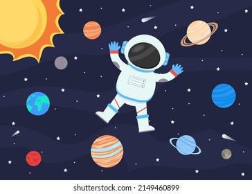 Astronaut in a spacesuit, against the background of the starry sky and the planets of the solar system.