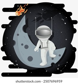 An astronaut in a spacesuit among the stars in outer space sits on the planet moon, flat childrens doodles