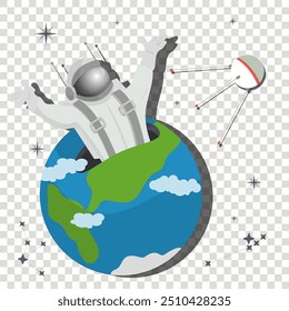 An astronaut in a spacesuit appears from planet earth in space, flat childrens doodles on a transparent isolated backgroundе