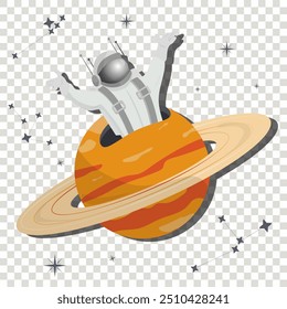 An astronaut in a spacesuit appears from a planet with rings, flat childrens doodles on a transparent isolated background